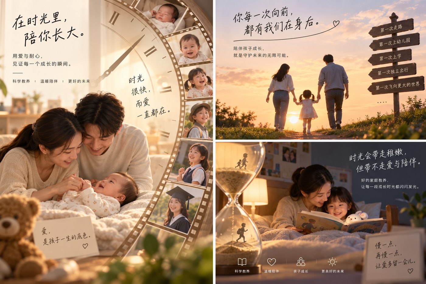 亲子照片：钟表胶片拼贴下，父母在晨光与夜色中陪伴孩子成长的三个瞬间